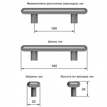 Схема с указанием размеров ручки-скобы для мебели: длина 182 мм, ширина 22 мм, высота 25 мм, расстояние между крепежными отверстиями 160 м